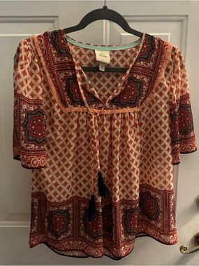 Knox Rose Sheer Top Ladies  Size Small Orange Red Sheer Boho Babydoll Artsy